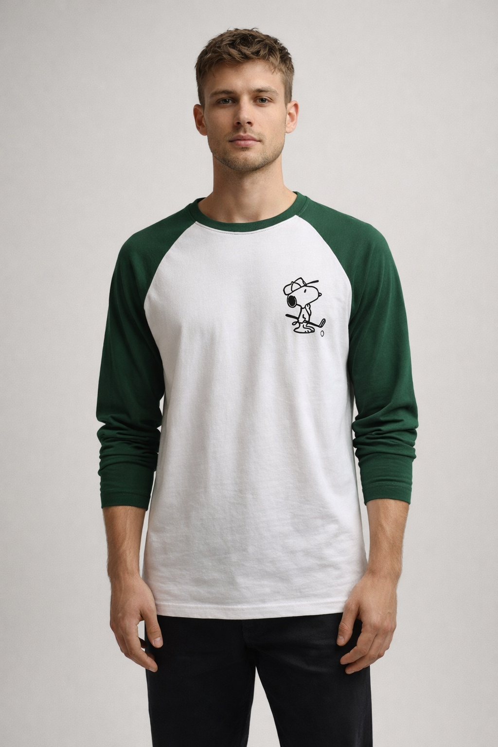 Men’s White & Green Raglan Full Sleeve Graphic T-Shirt
