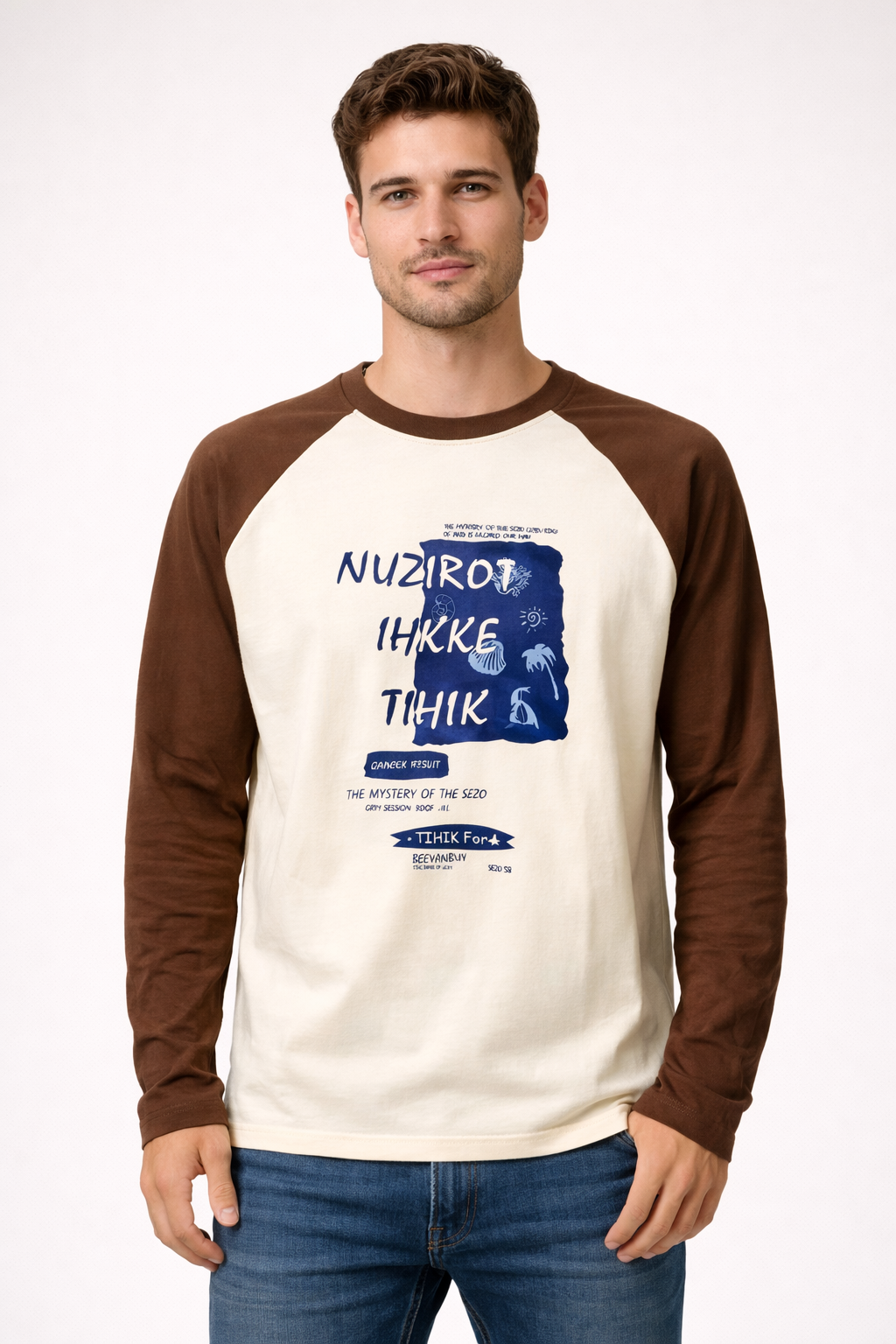 Men’s Cream & Brown Raglan Full Sleeve Graphic T-Shirt