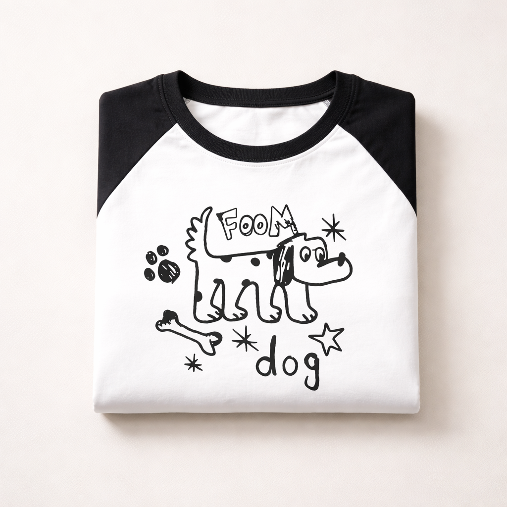 Playful Dog Doodle Raglan T-Shirt – White & Black
