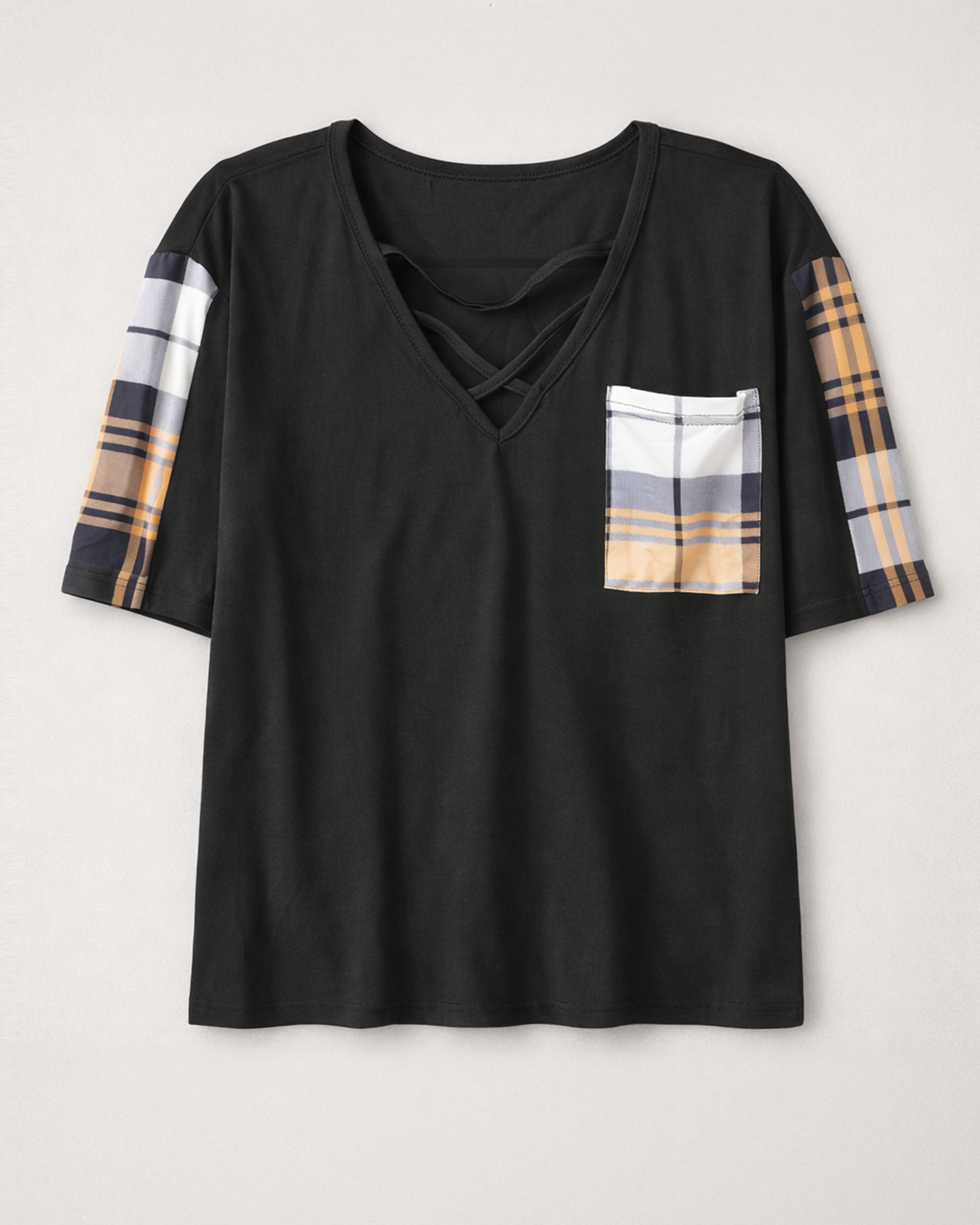 Women’s Black V-Neck Criss-Cross T-Shirt