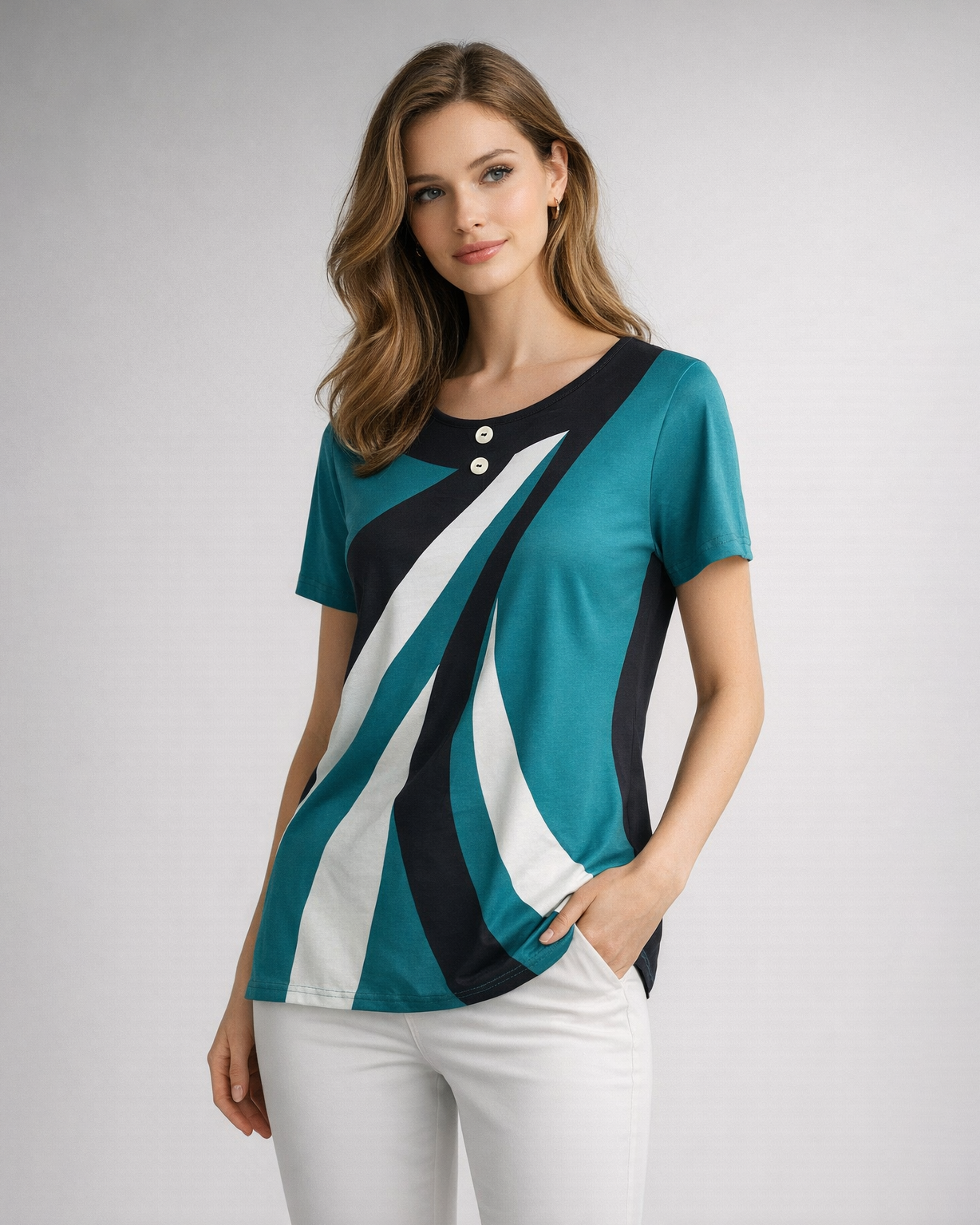 Women’s Teal Color block Short Sleeve Top