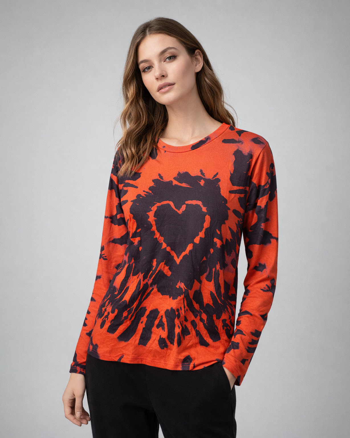 Women’s Red & Black Tie-Dye Heart Print Long Sleeve Top