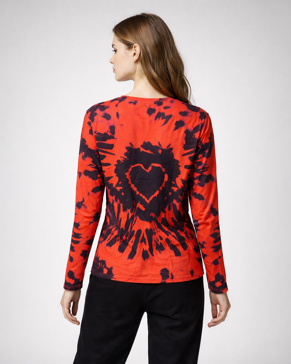 Women’s Red & Black Tie-Dye Heart Print Long Sleeve Top