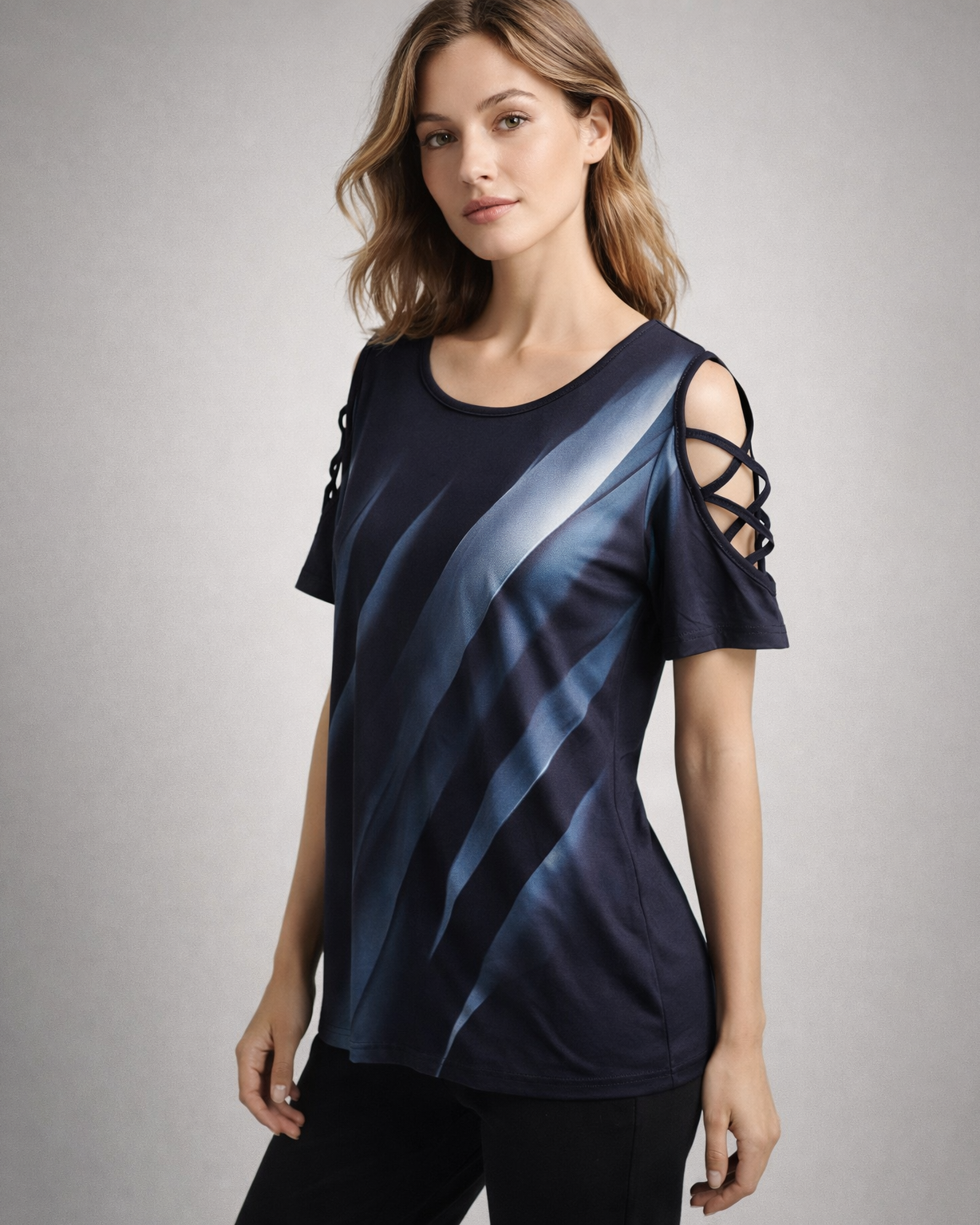 Women’s Navy Blue Abstract Print Cold Shoulder Top