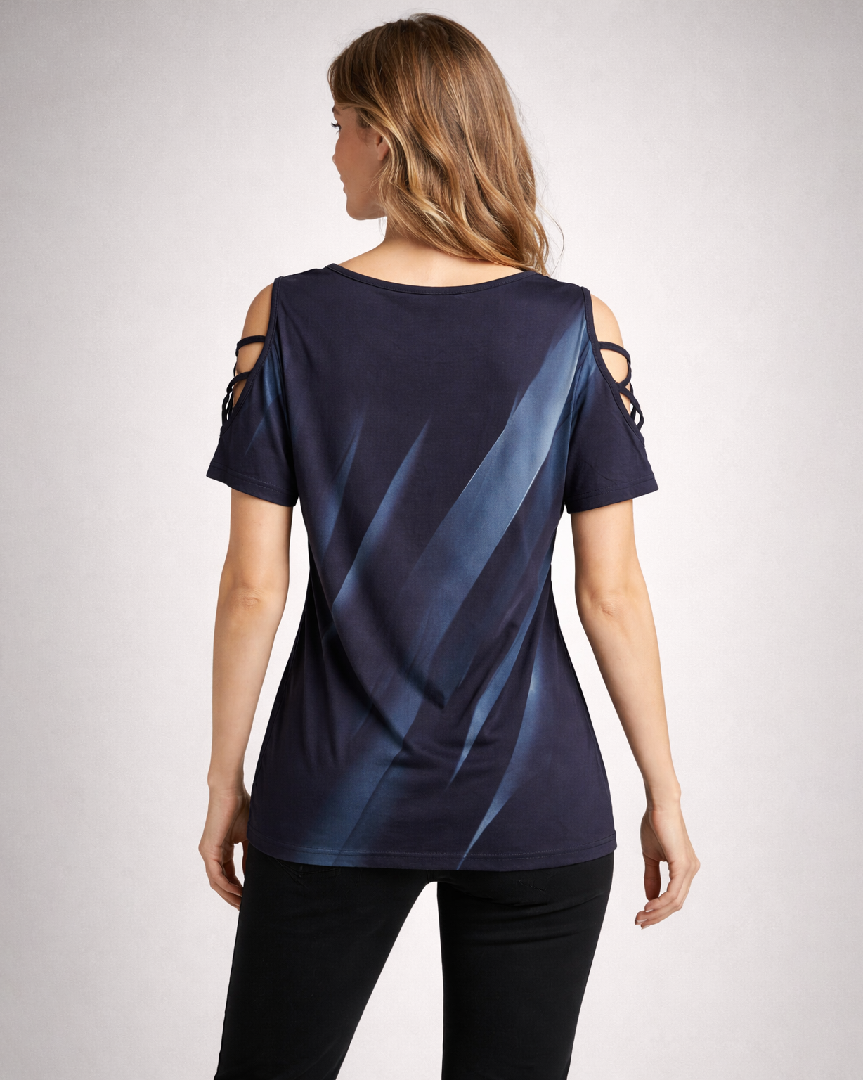 Women’s Navy Blue Abstract Print Cold Shoulder Top