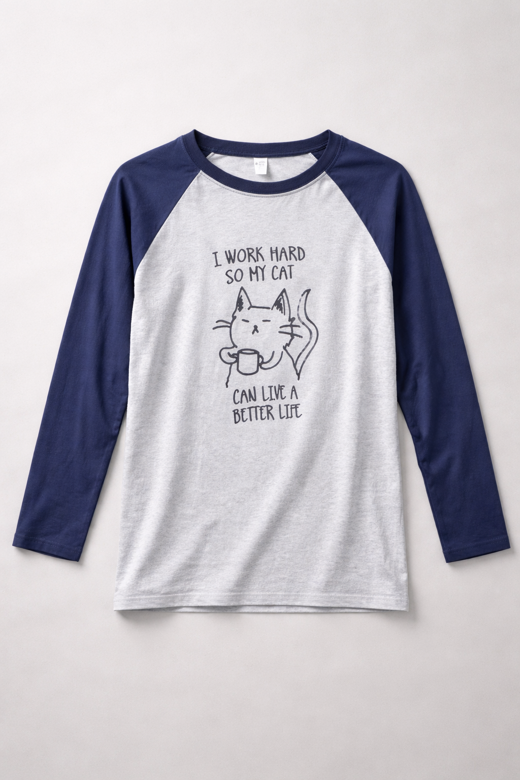 Funny Cat Graphic Raglan Long Sleeve T-Shirt – Grey & Navy Casual Tee
