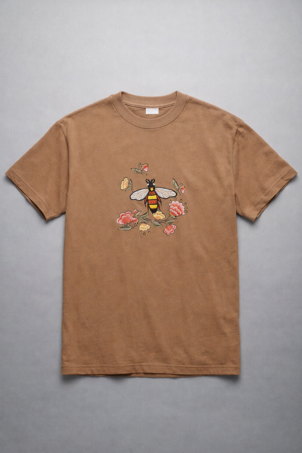 Men’s Brown Embroidered Bee Graphic Cotton T-Shirt