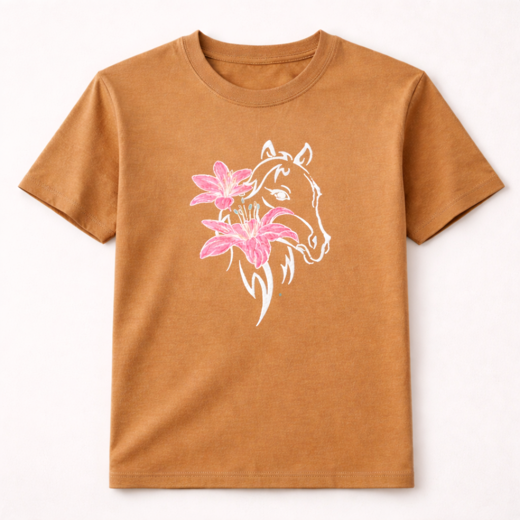 Embroidered Horse & Lily Graphic Crew Neck T-Shirt – Camel Brown