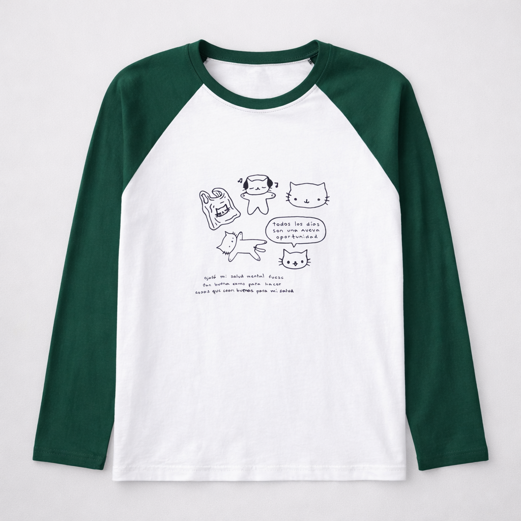 Cute Cat Graphic Raglan Long Sleeve T-Shirt – White & Green