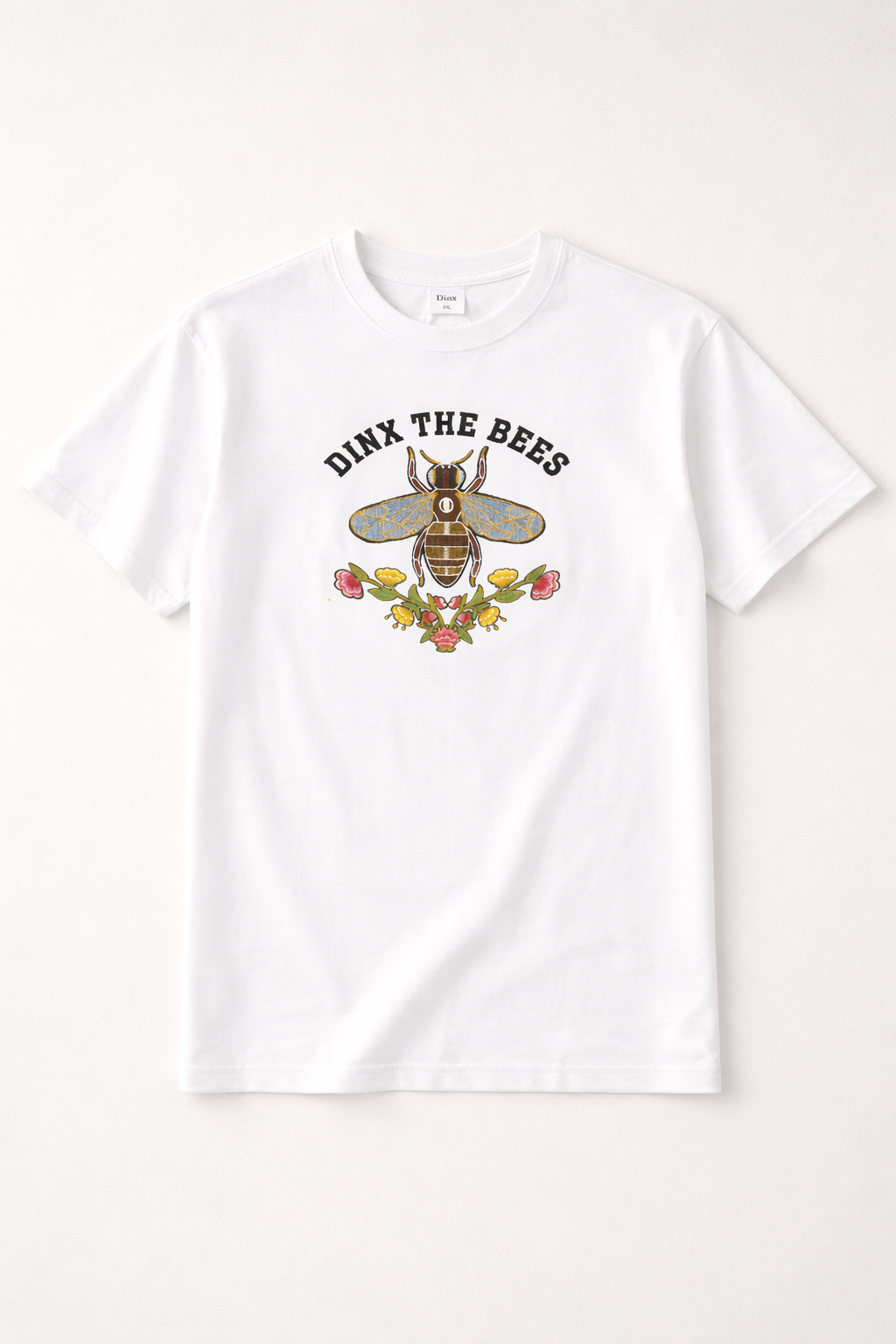 Men’s White Embroidered Cotton T-Shirt – “Dinx The Bees”