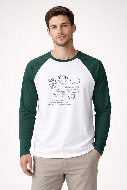 Cute Cat Graphic Raglan Long Sleeve T-Shirt – White & Green