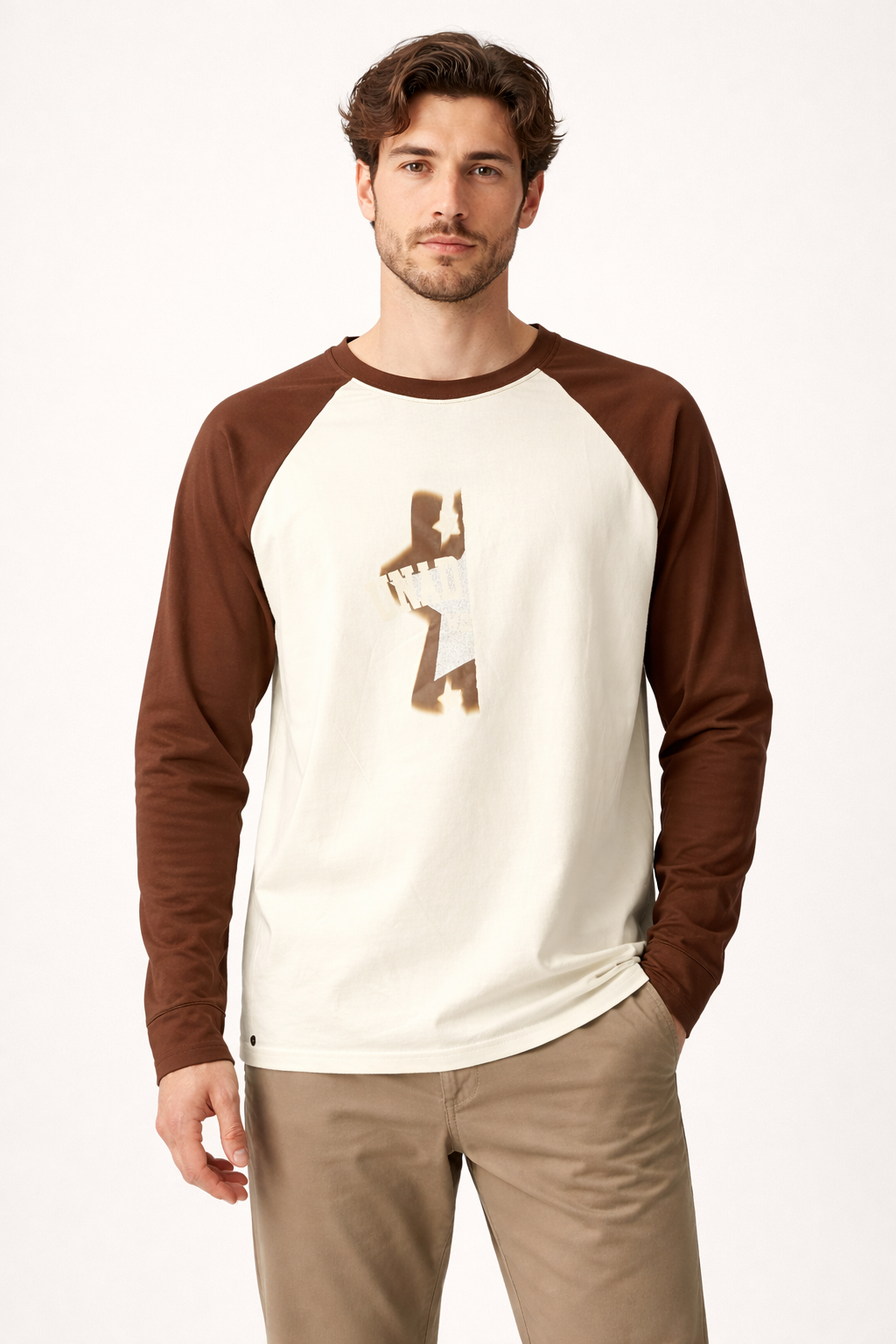 Men’s Cream & Brown Raglan Full Sleeve Graphic T-Shirt