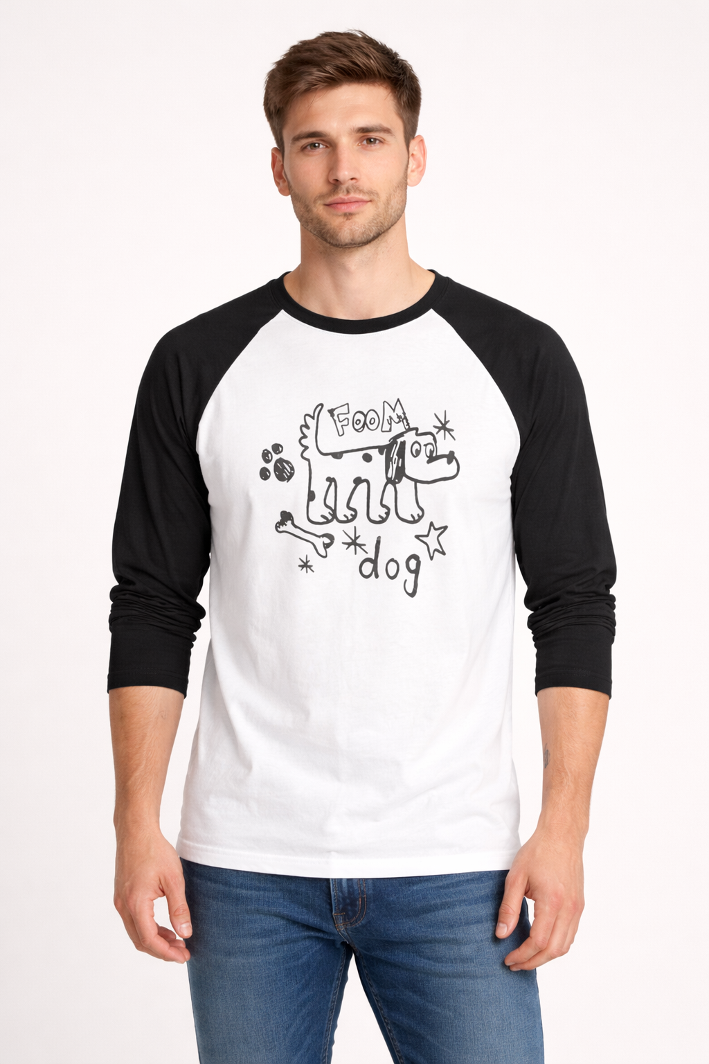 Playful Dog Doodle Raglan T-Shirt – White & Black