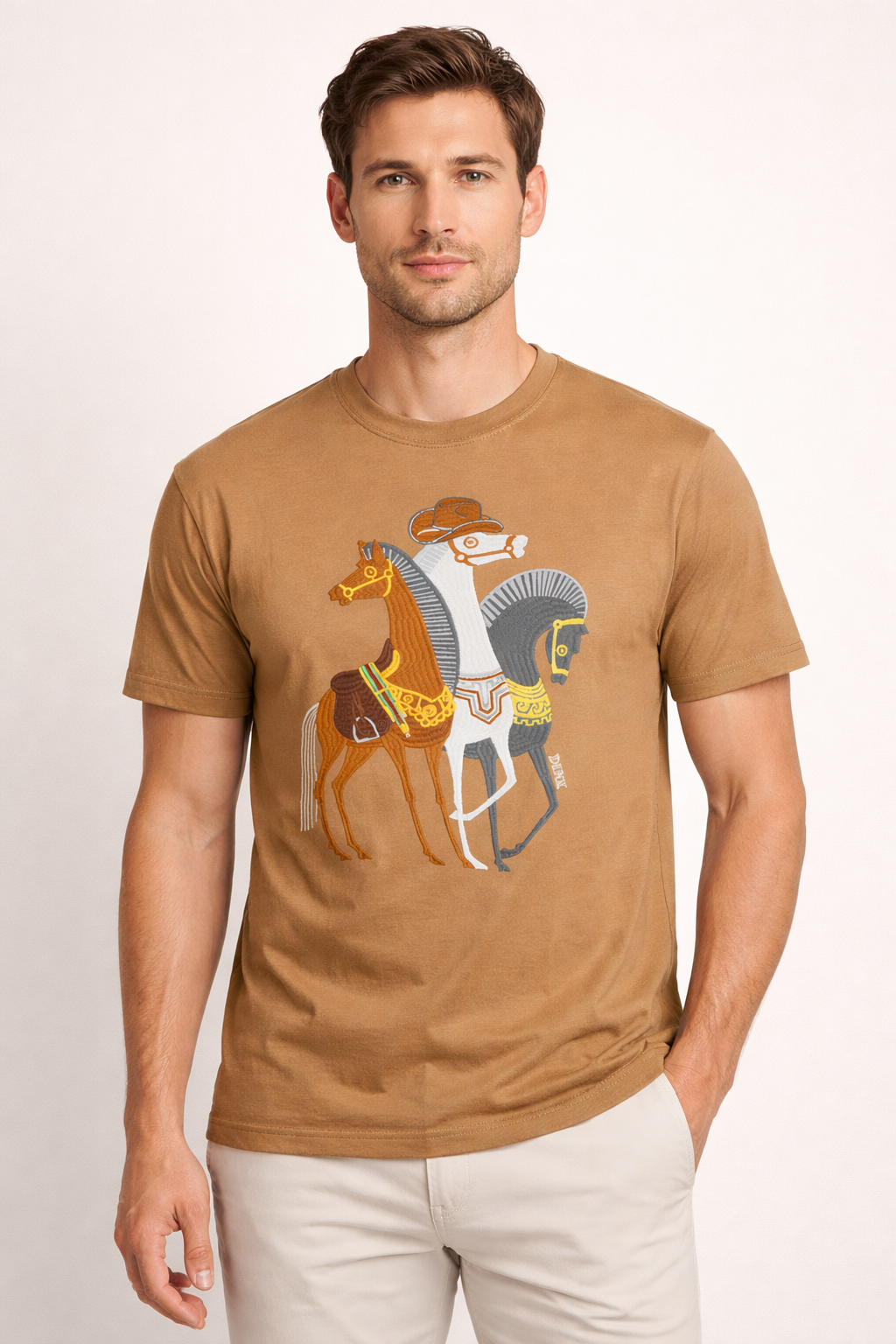 Men’s Brown Embroidered Horse Graphic T-Shirt