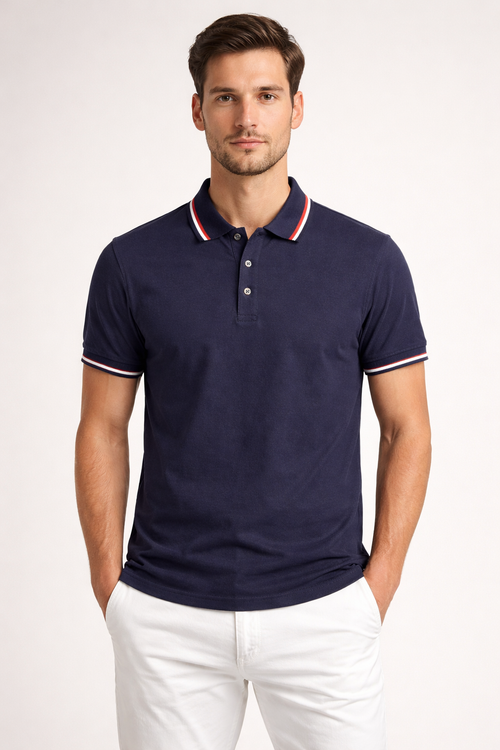 Classic Navy Blue Polo T-Shirt – Premium Cotton | Contrast Collar