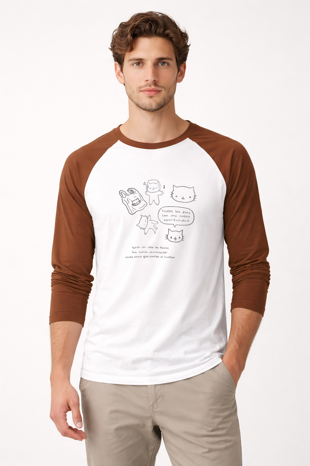 Cat Doodle Raglan Tee– White & Brown