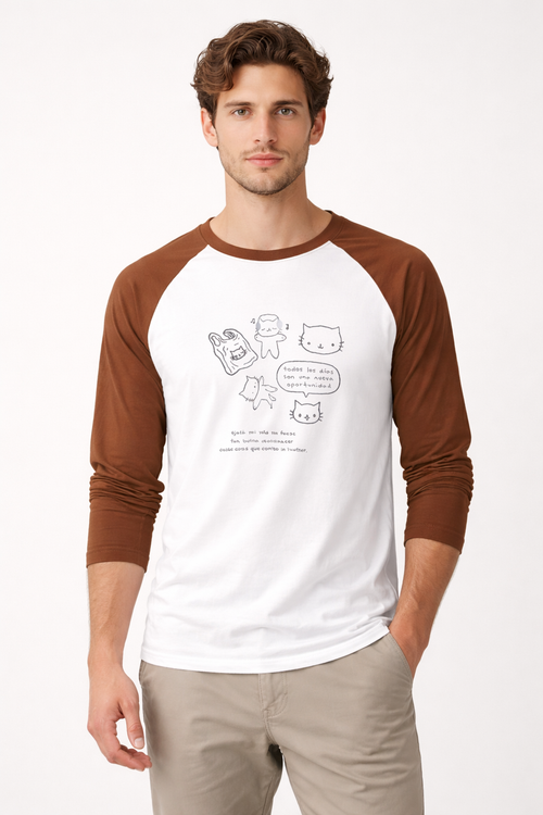 Cat Doodle Raglan Tee– White & Brown