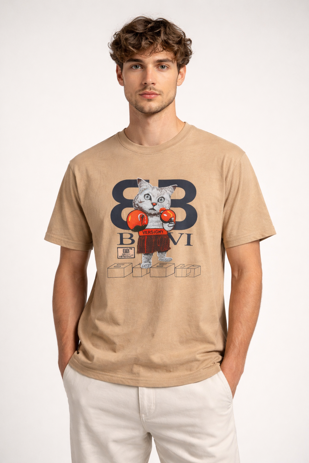 Embroidered Boxer Cat Graphic Crew Neck T-Shirt