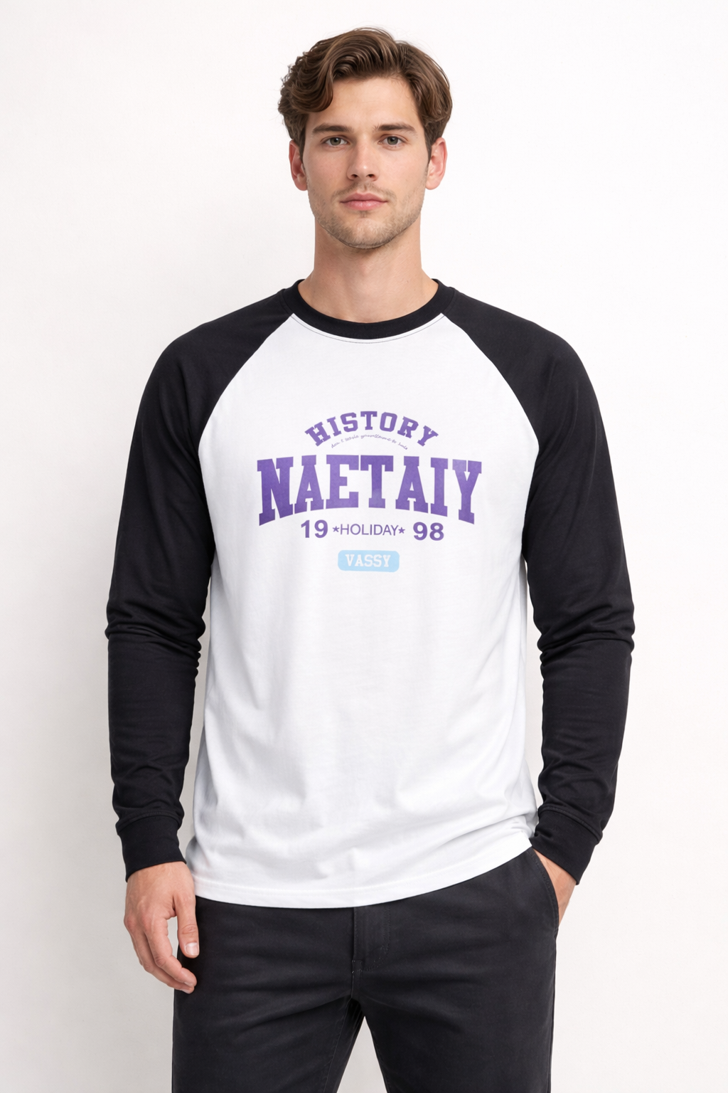 Vintage Graphic Raglan Long Sleeve T-Shirt – Black & White