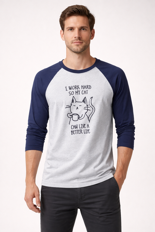 Funny Cat Graphic Raglan Long Sleeve T-Shirt – Grey & Navy Casual Tee
