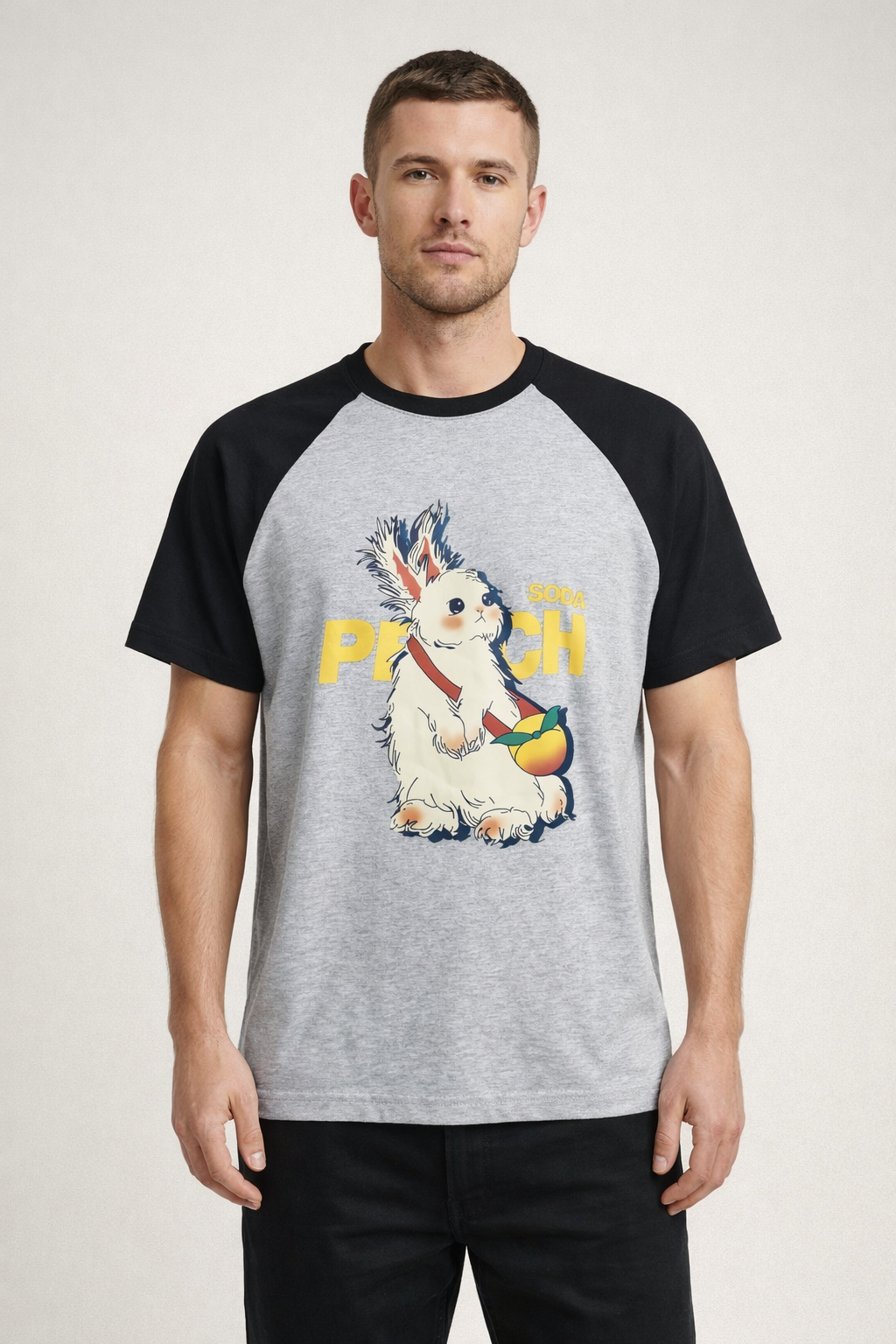 Men’s Grey & Black Raglan Half Sleeve Bunny Graphic T-Shirt