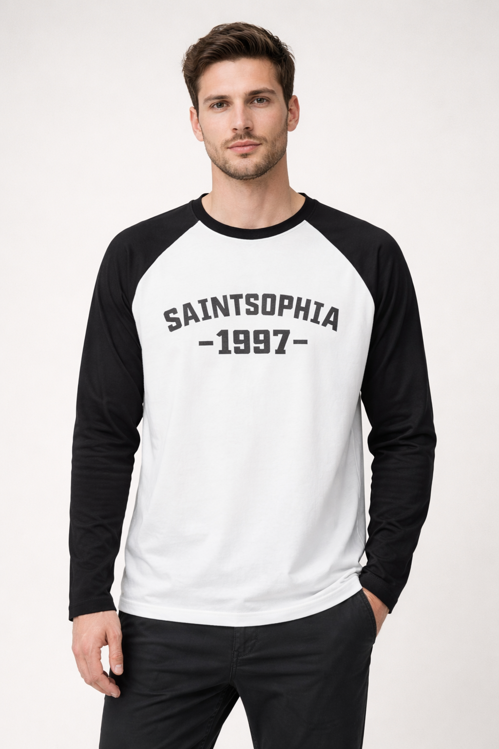 Men’s White & Black Raglan Full Sleeve T-Shirt