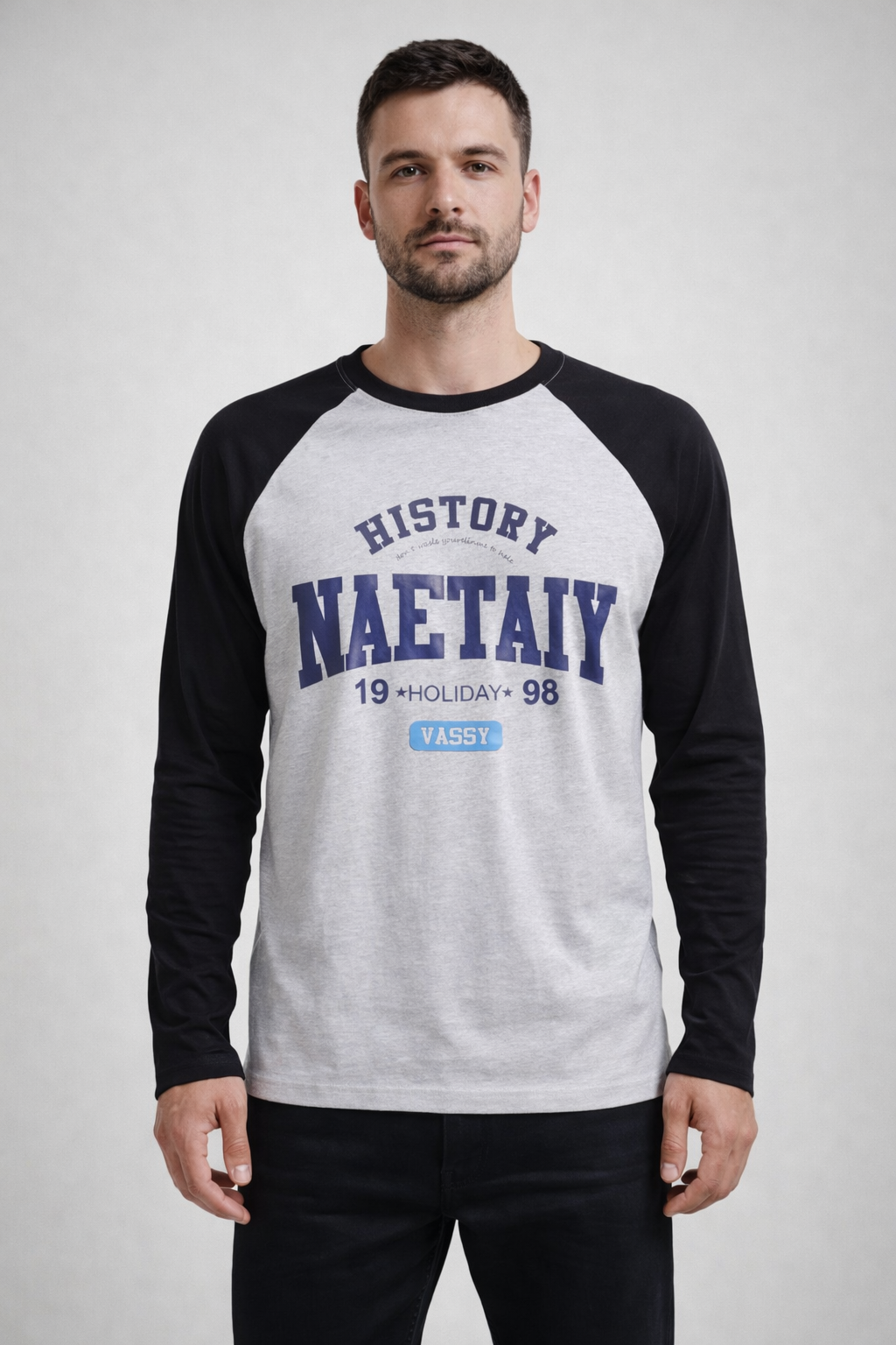 Vintage History Graphic Raglan T-Shirt – Grey & Black Long Sleeve Tee