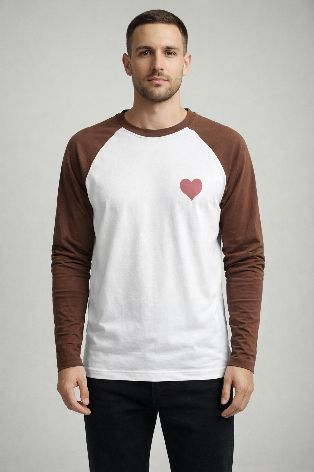 MEN’S WHITE & BROWN RAGLAN FULL SLEEVE HEART PRINT T-SHIRT