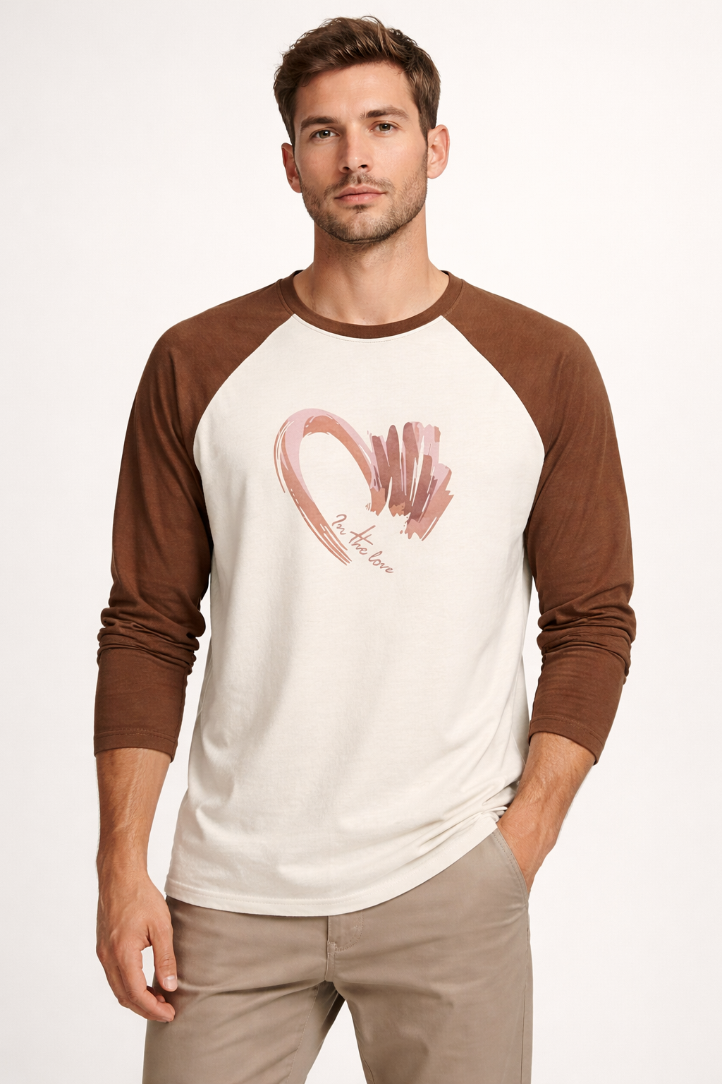 Men’s Cream & Brown Raglan Full Sleeve Graphic T-Shirt