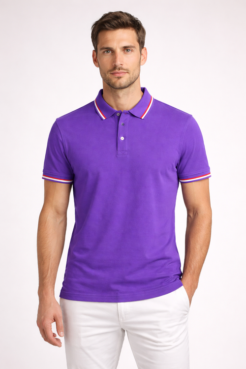 Classic Purple Polo T-Shirt – Premium Cotton | Contrast Stripe Collar