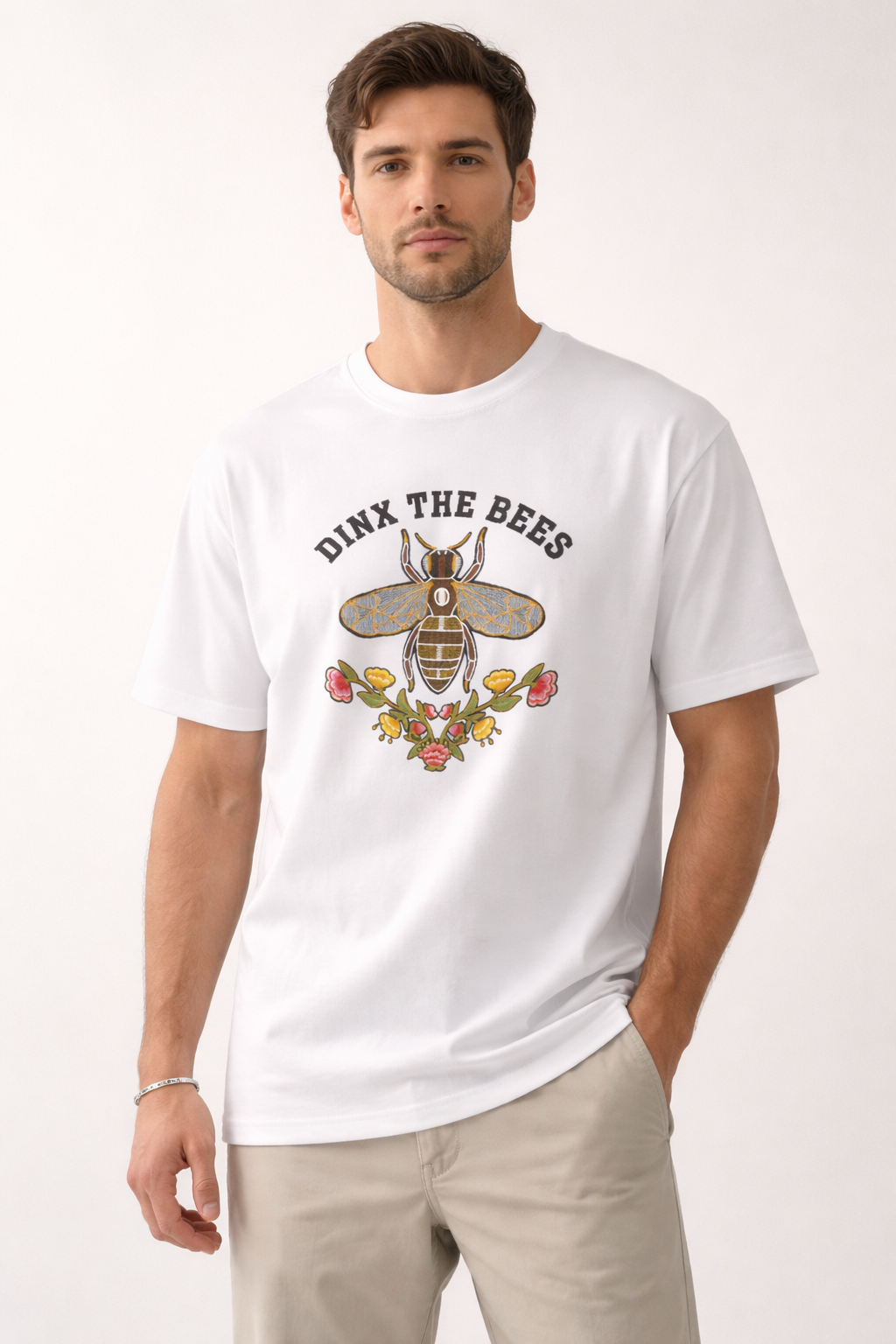 Dinx The Bees Embroidered Graphic T-Shirt – White