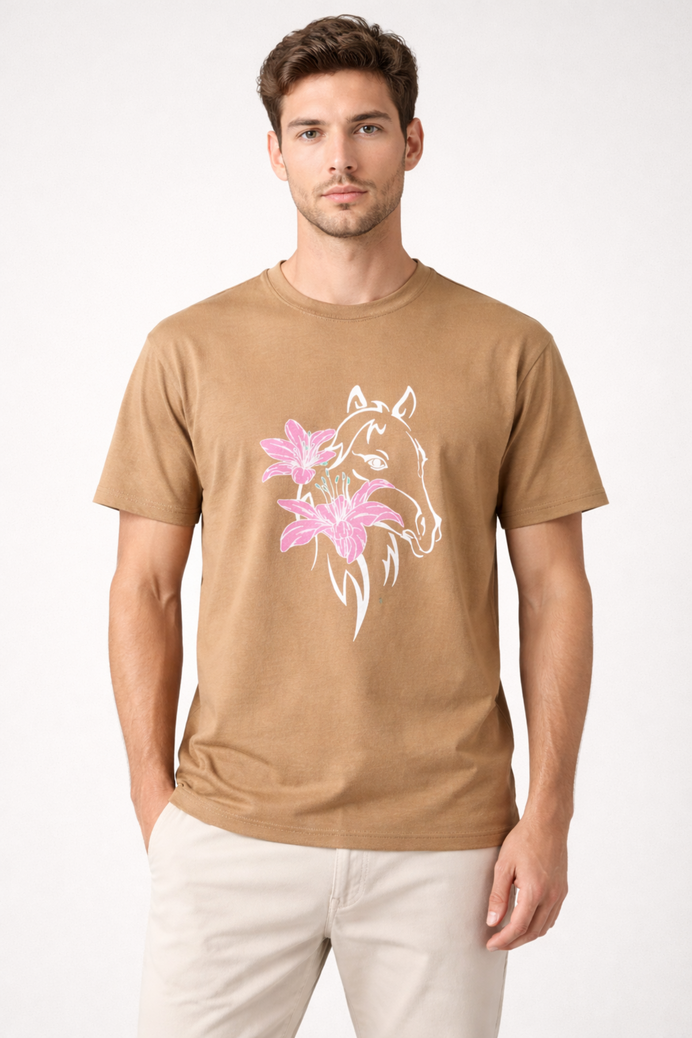 Embroidered Horse & Lily Graphic Crew Neck T-Shirt – Camel Brown