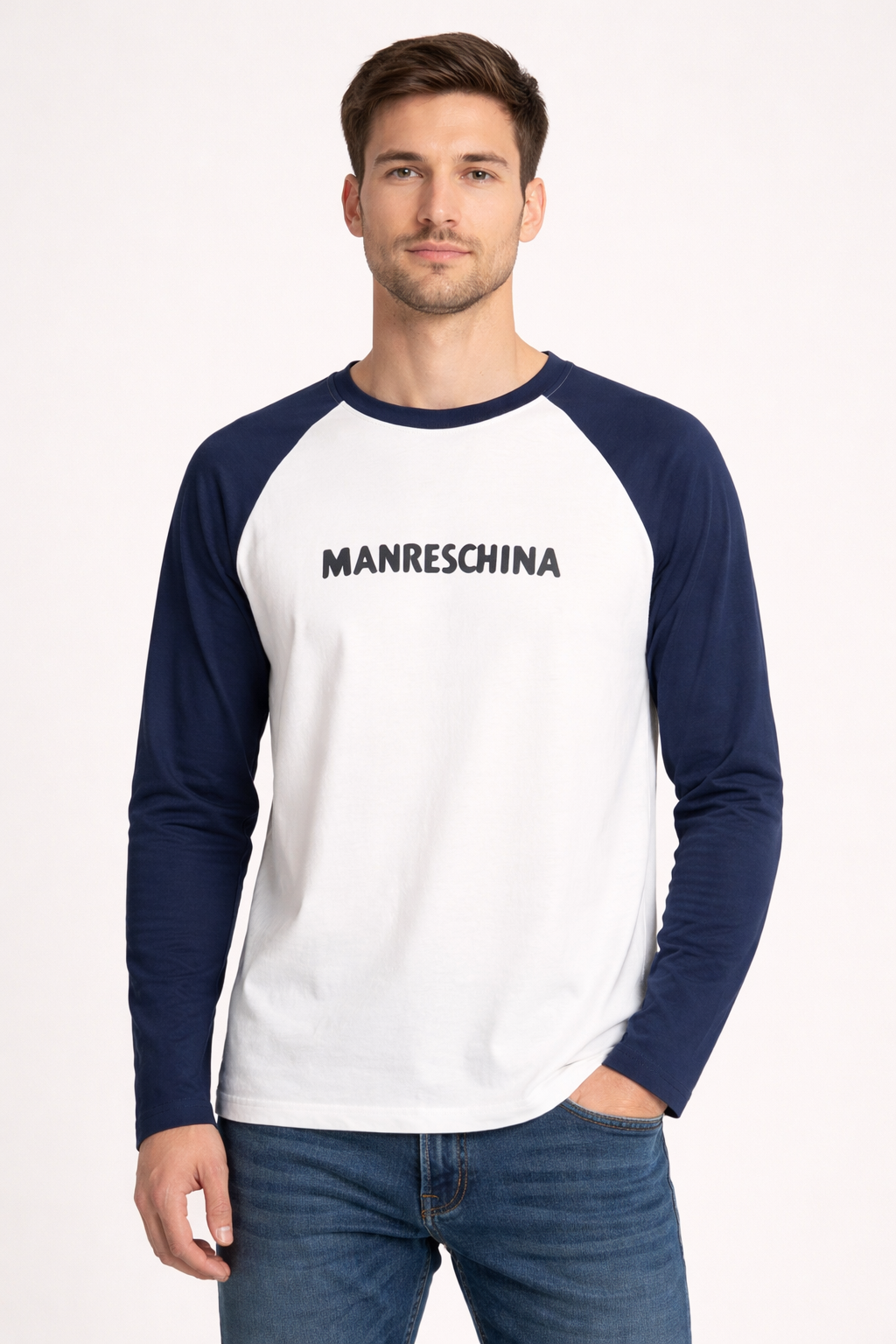 Men’s White & Navy Blue Raglan Full Sleeve Text Print T-Shirt