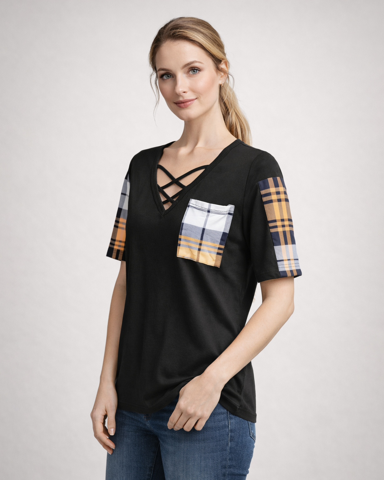 Women’s Black V-Neck Criss-Cross T-Shirt