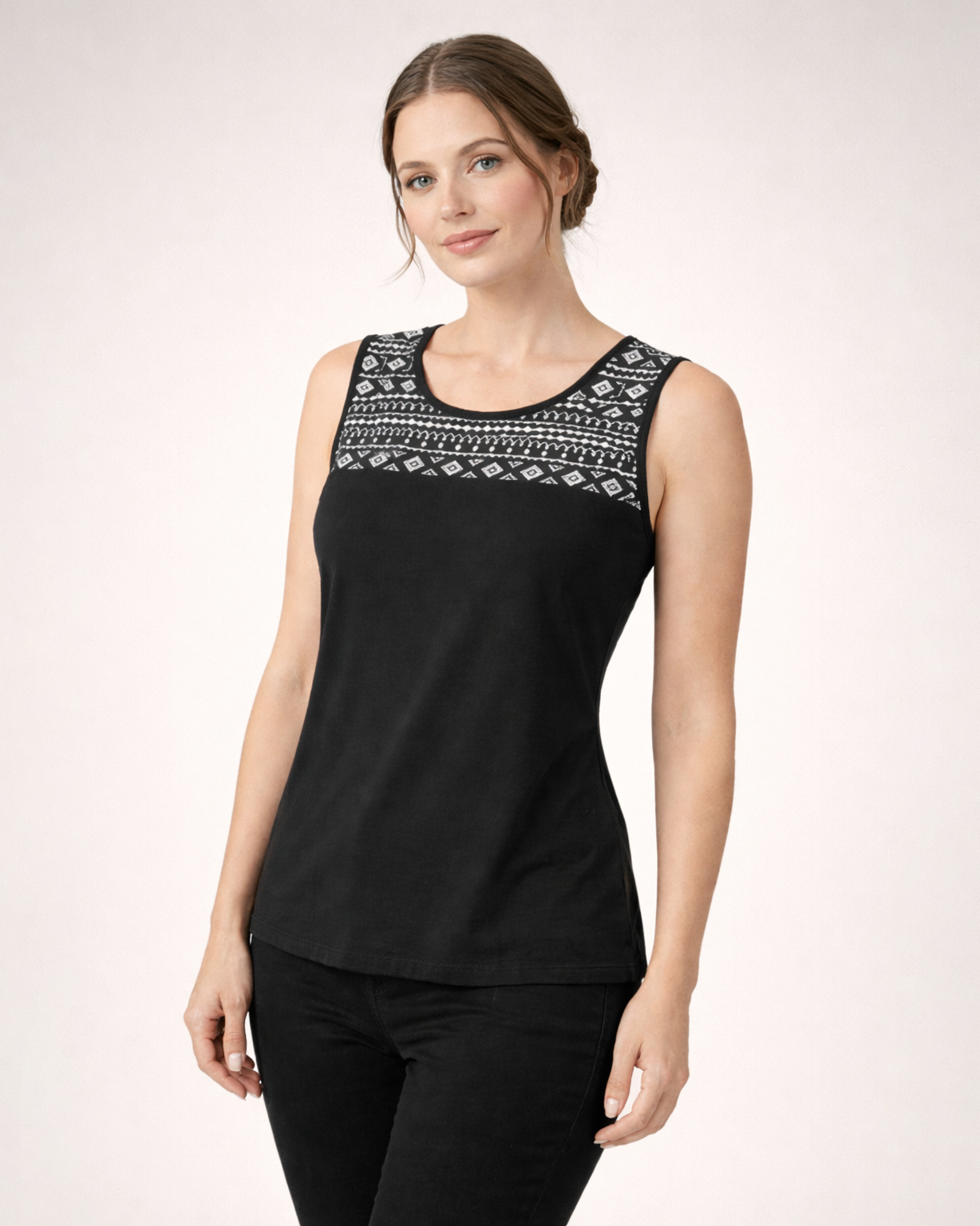 Women’s Black Sleeveless Top with Geometric Printed Yoke