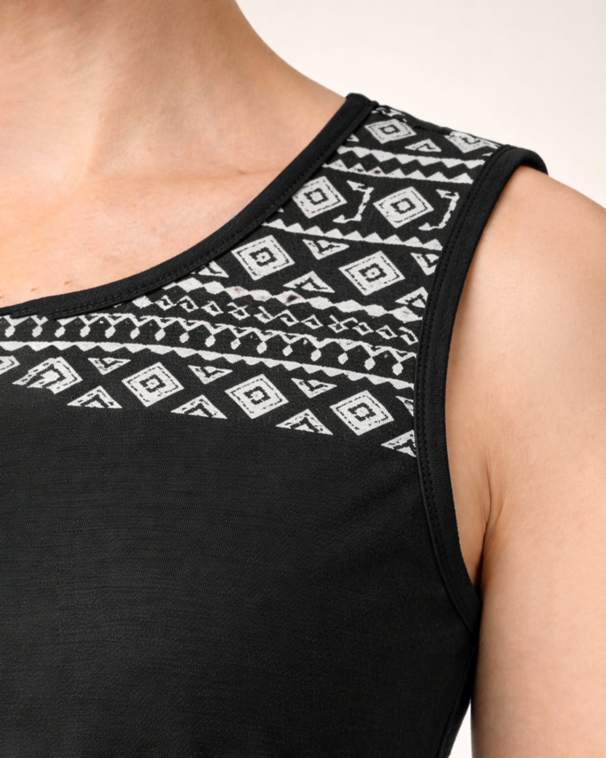 Women’s Black Sleeveless Top with Geometric Printed Yoke