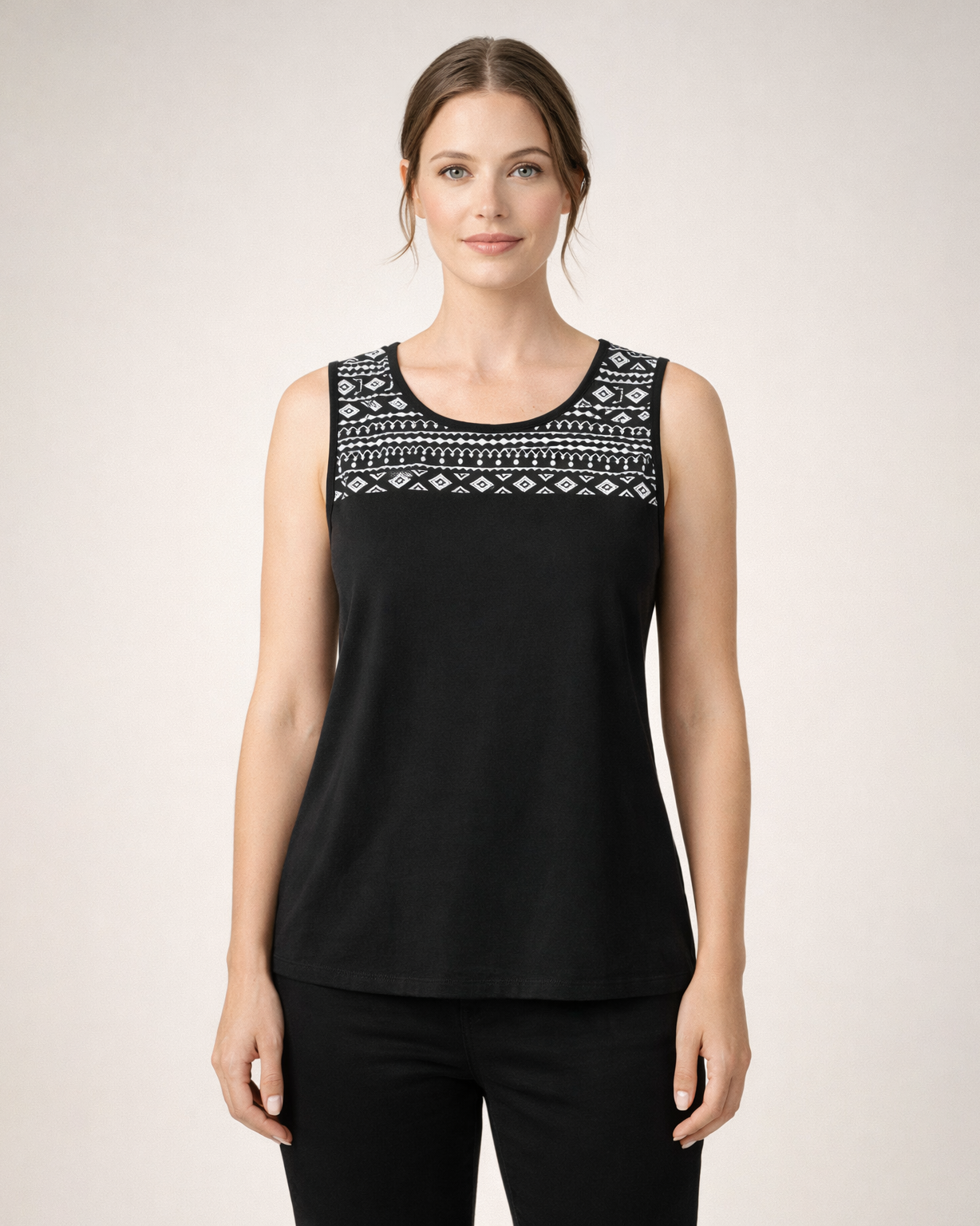 Women’s Black Sleeveless Top with Geometric Printed Yoke