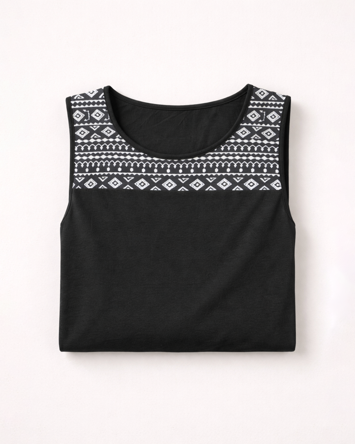 Women’s Black Sleeveless Top with Geometric Printed Yoke