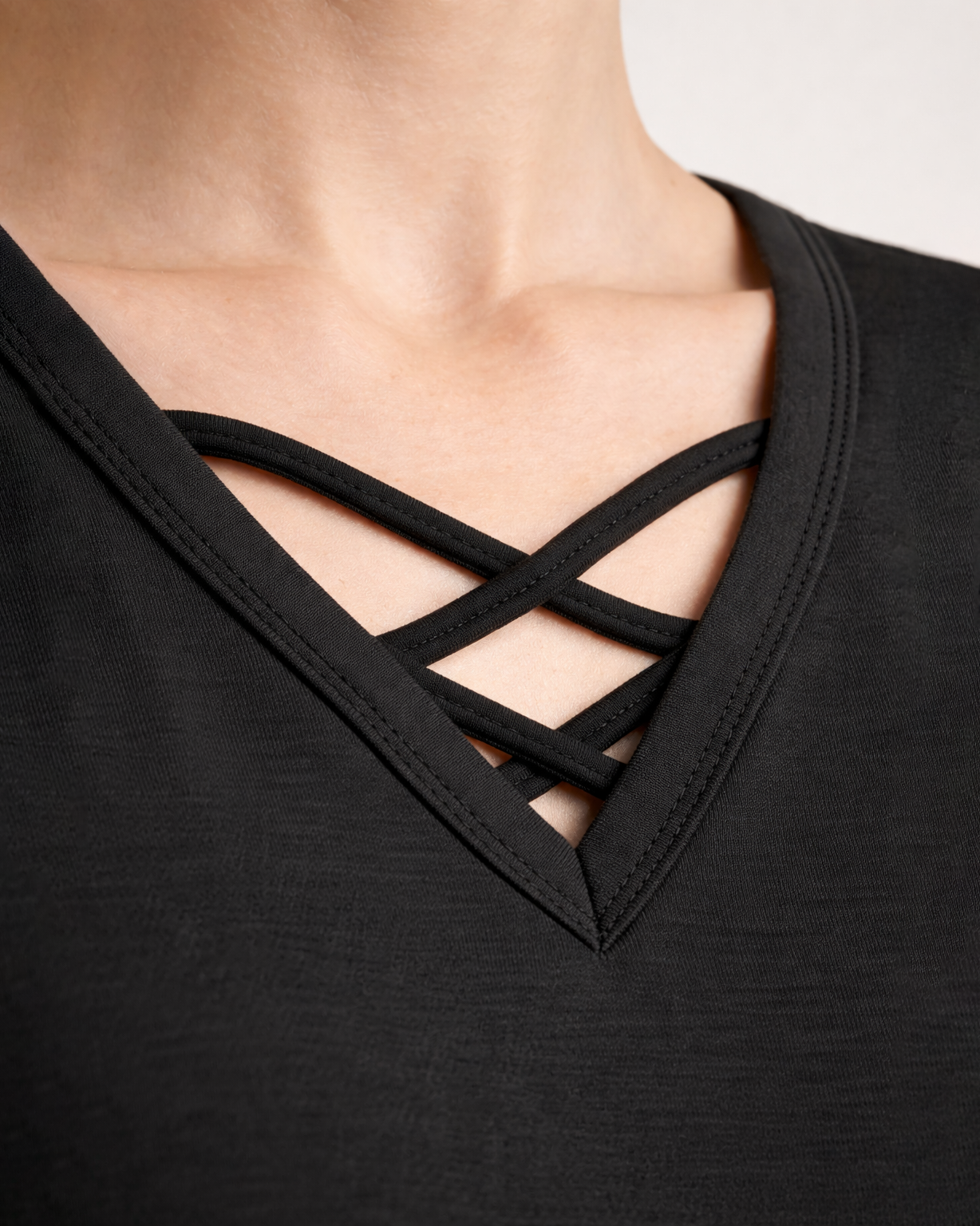 Women’s Black V-Neck Criss-Cross T-Shirt