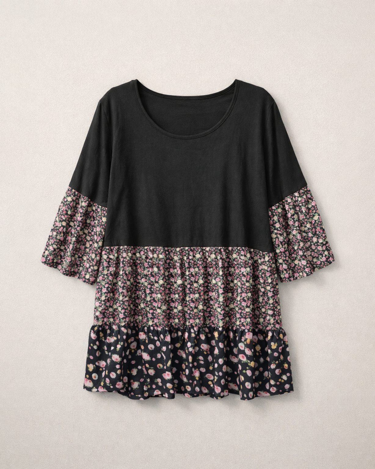 Women’s Black Tiered Floral Print Tunic Top