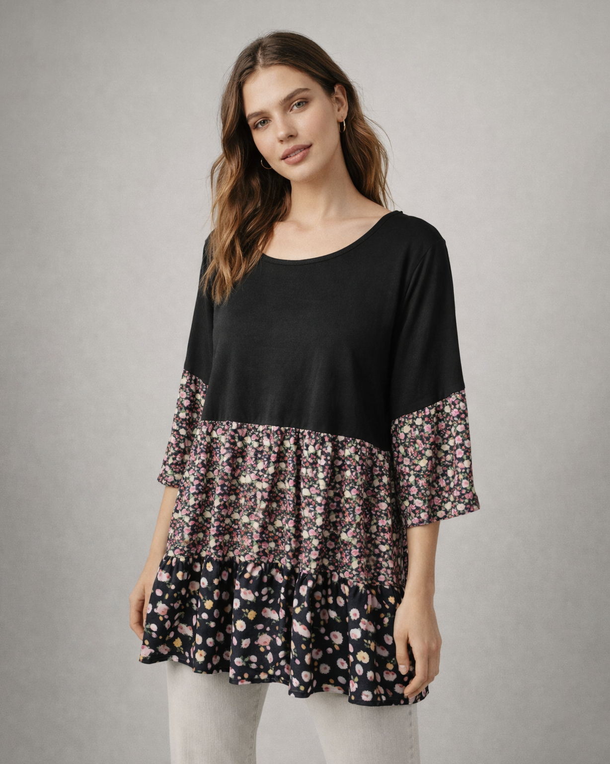 Women’s Black Tiered Floral Print Tunic Top