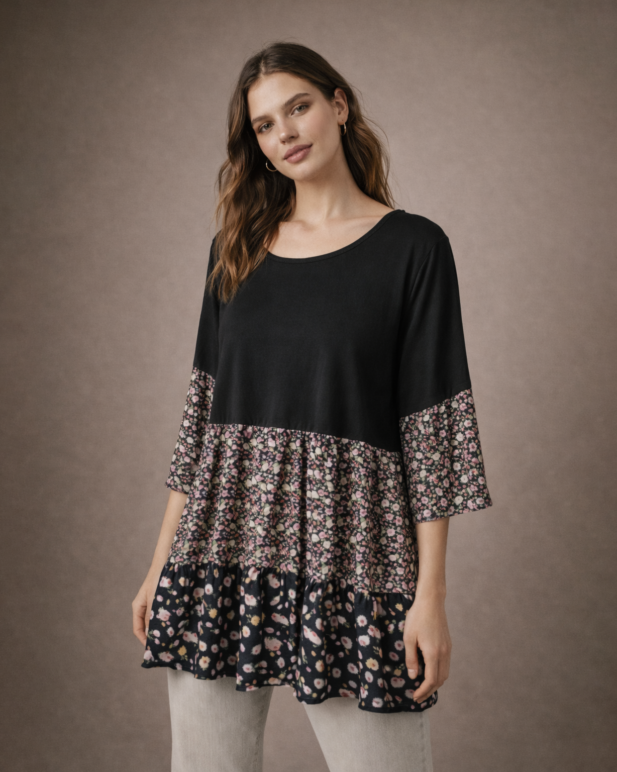 Women’s Black Tiered Floral Print Tunic Top