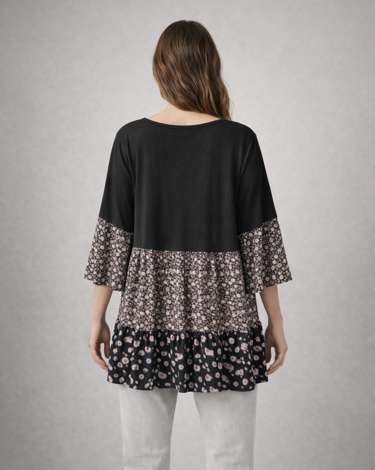 Women’s Black Tiered Floral Print Tunic Top