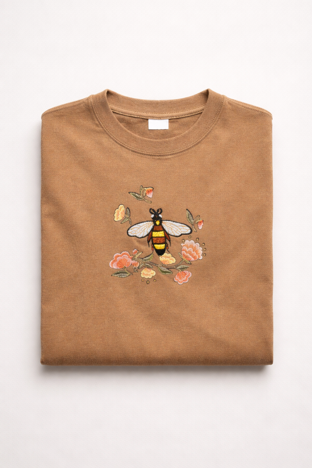 Men’s Brown Embroidered Bee Graphic Cotton T-Shirt