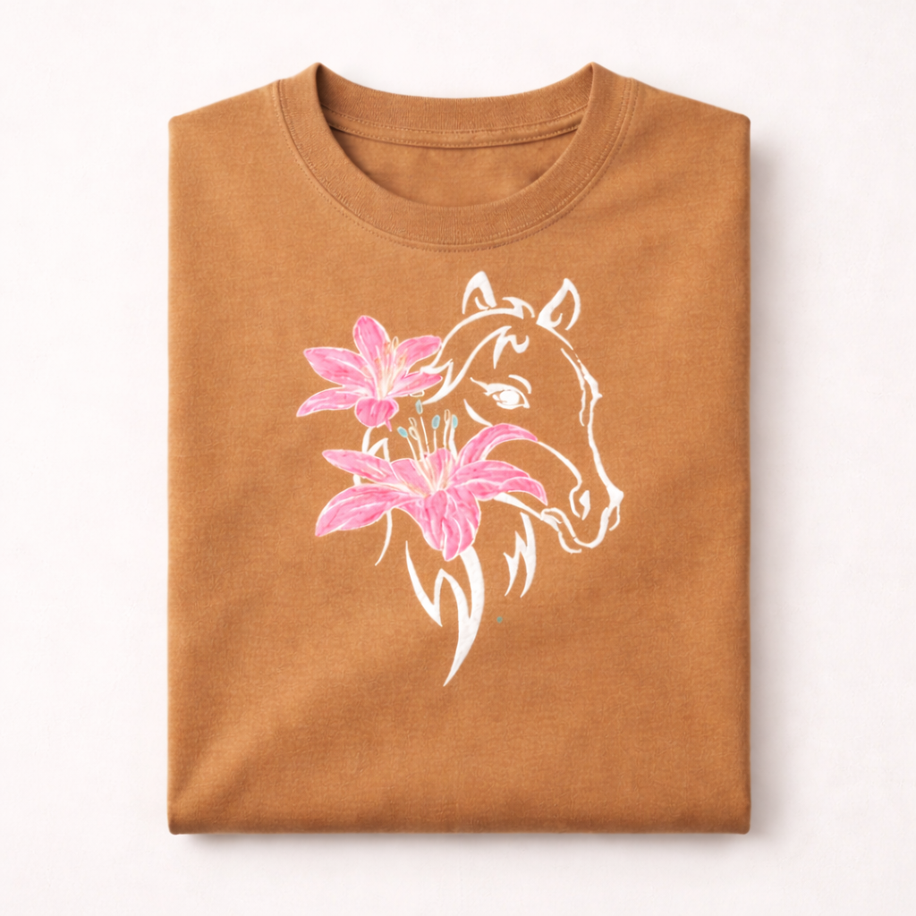 Embroidered Horse & Lily Graphic Crew Neck T-Shirt – Camel Brown