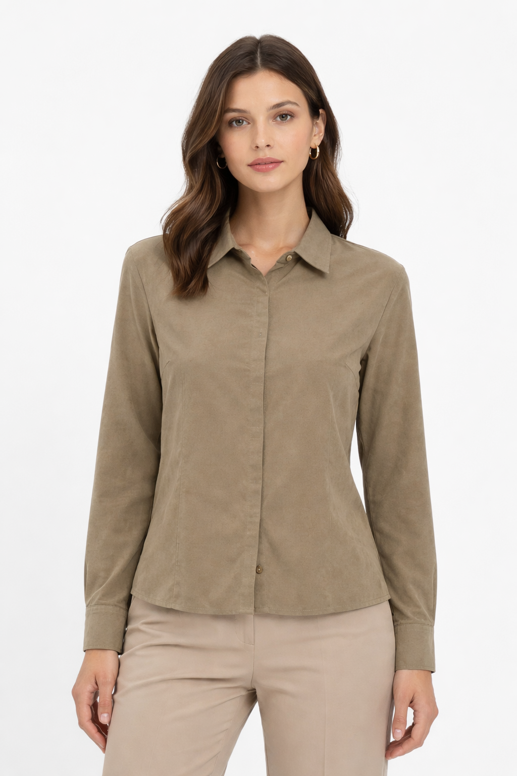 Women’s Tailored Long-Sleeve Button-Down Shirt – Olive Khaki