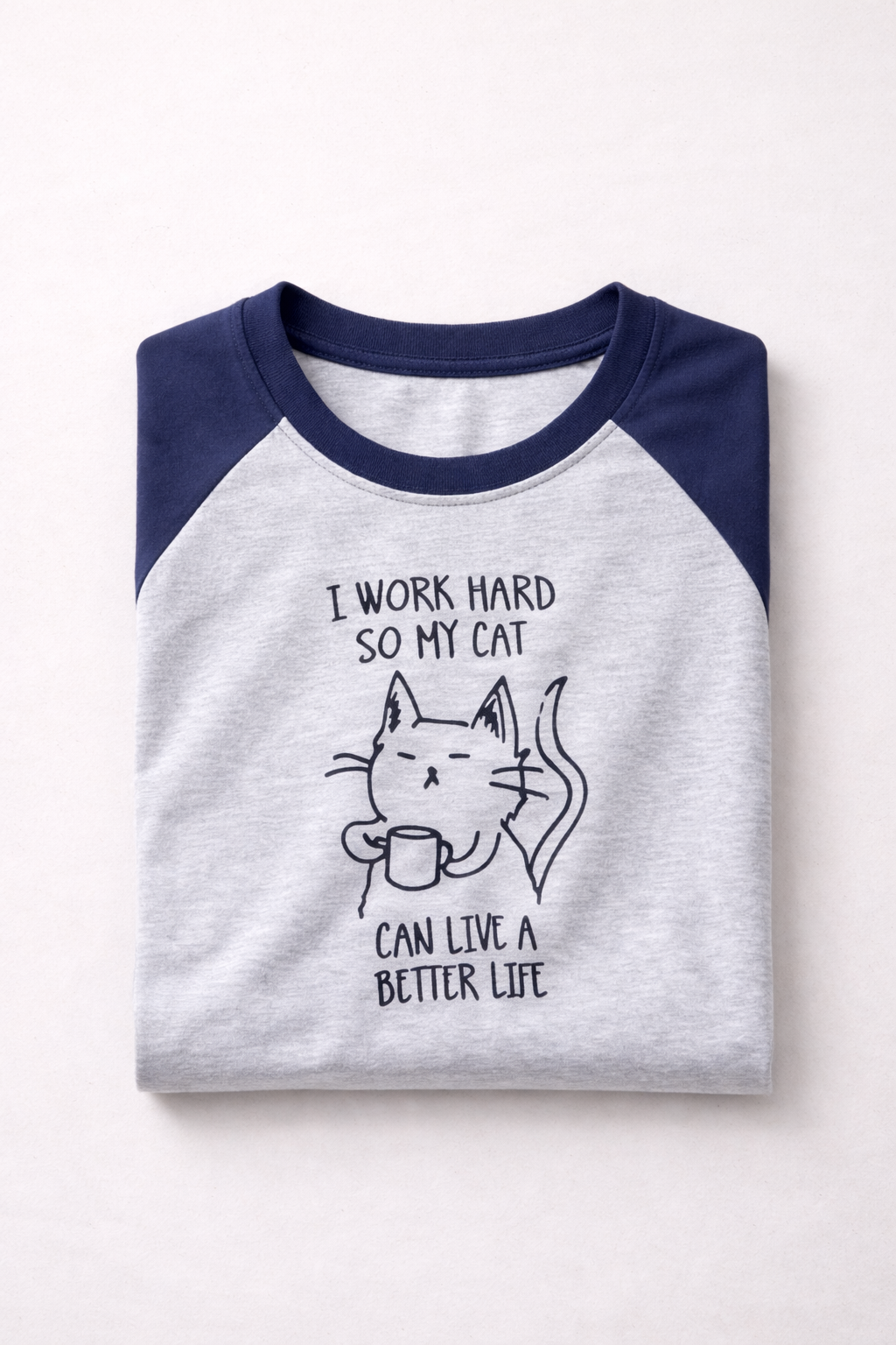 Funny Cat Graphic Raglan Long Sleeve T-Shirt – Grey & Navy Casual Tee