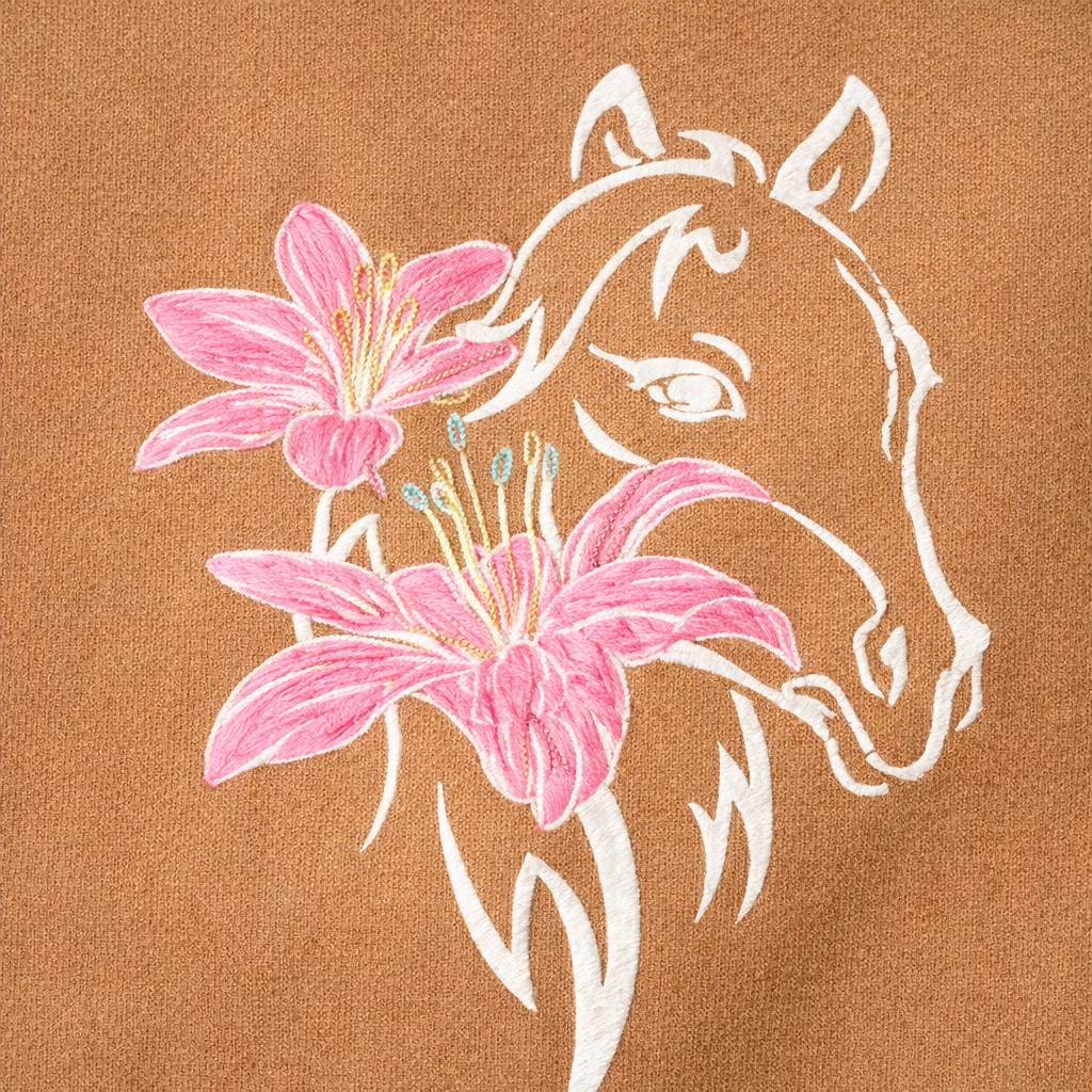 Embroidered Horse & Lily Graphic Crew Neck T-Shirt – Camel Brown