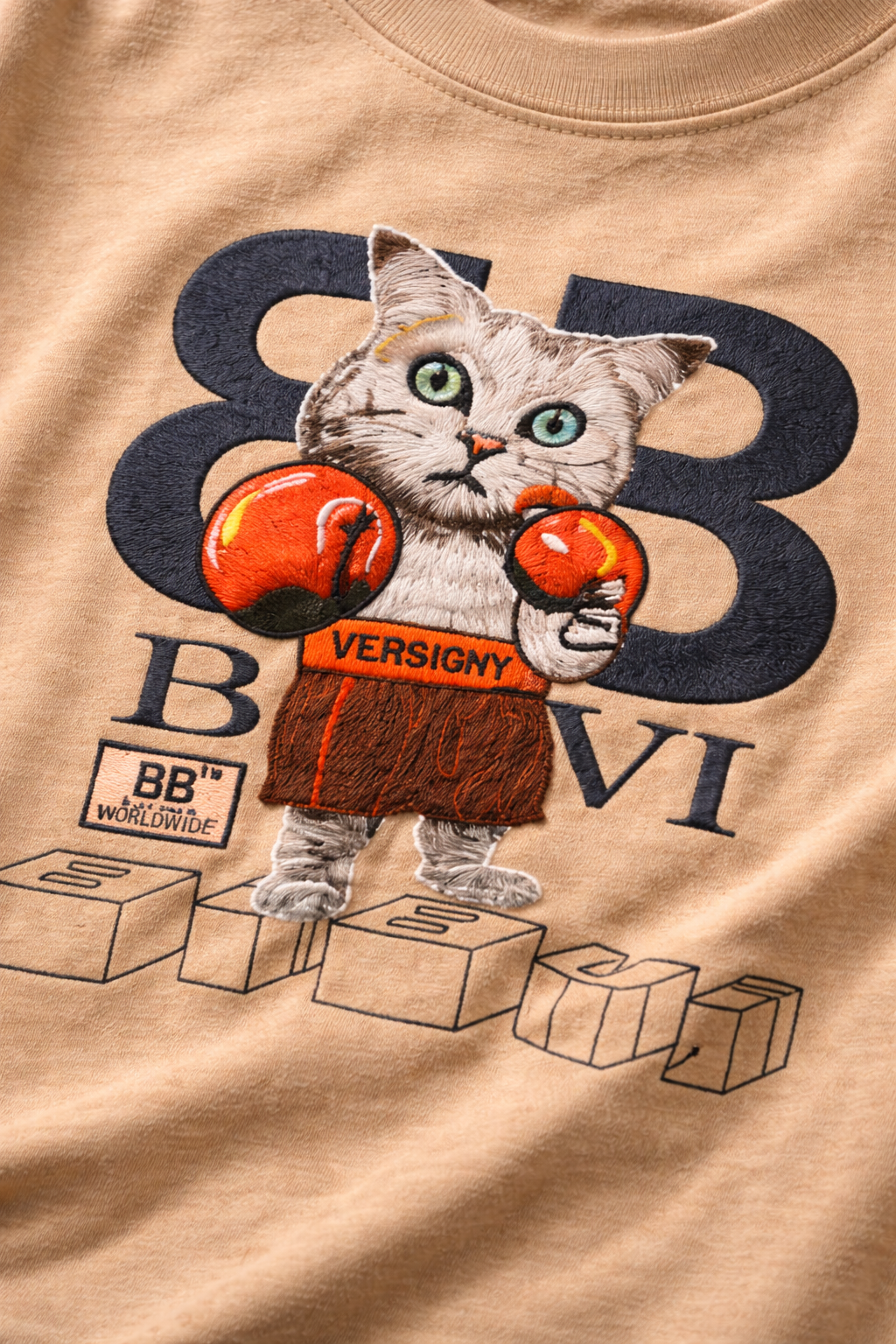Embroidered Boxer Cat Graphic Crew Neck T-Shirt