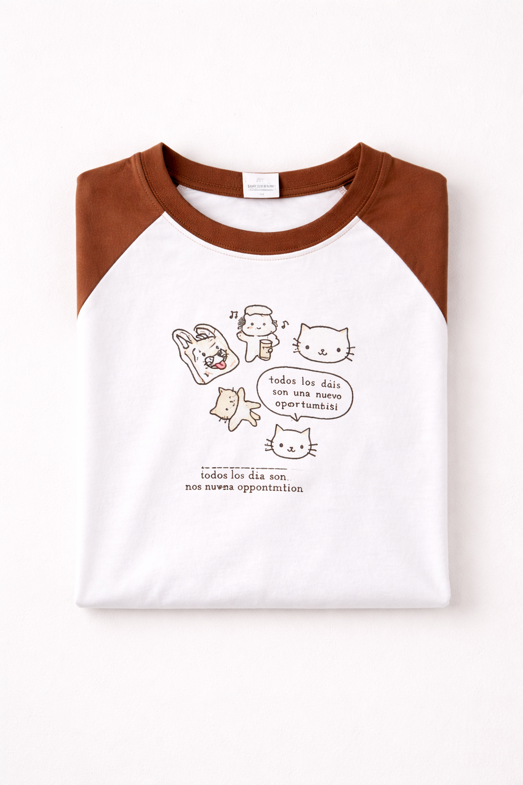Cat Doodle Raglan Tee– White & Brown